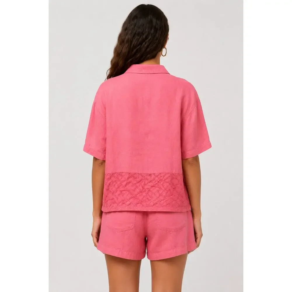 Vintage Johnny Was Coral Pink 100% Linen Embroidered Two Piece Short Set Size L